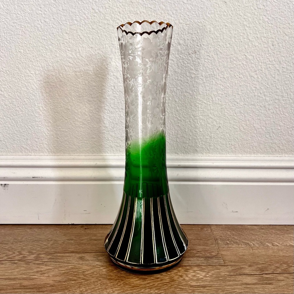 Antique MOSER? Emerald Green‎ To Clear Crystal Vase With Gold Gilding RARE 13.5”